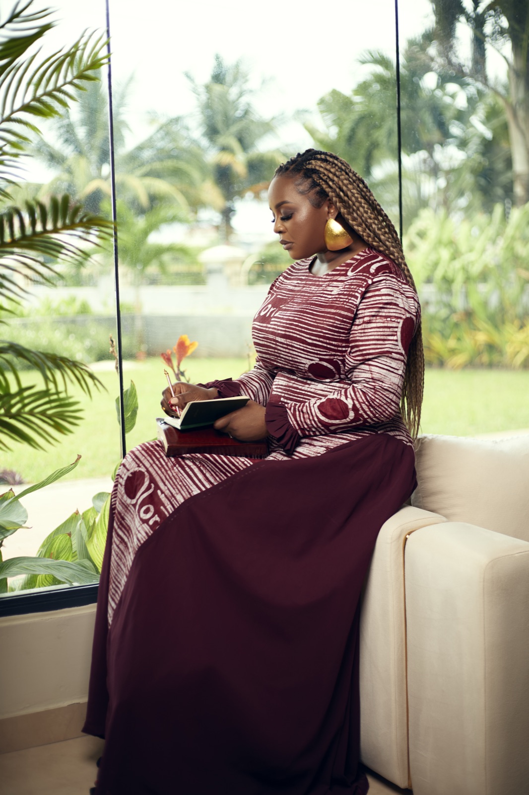 Signature burgundy print dress look
